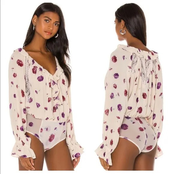 Intimately Free People Bodysuit Women's Small Poppy Floral Ruffle Boho Peasant - Picture 10 of 10